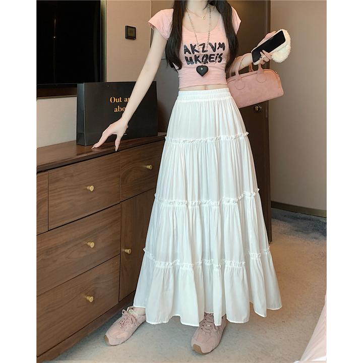 La Chapelle/拉夏贝尔女裙2025新款夏天收腰中长蛋糕裙白色a字裙