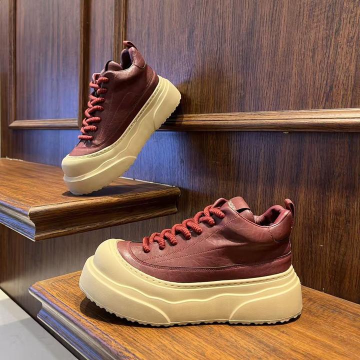 男鞋复古游牧风纯色厚底百搭皮革秋冬季休闲鞋增高时尚潮流鞋子