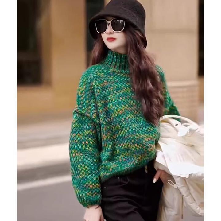 复古慵懒风加厚高领套头毛衣女春季欧货宽松时尚洋气减龄针织上衣