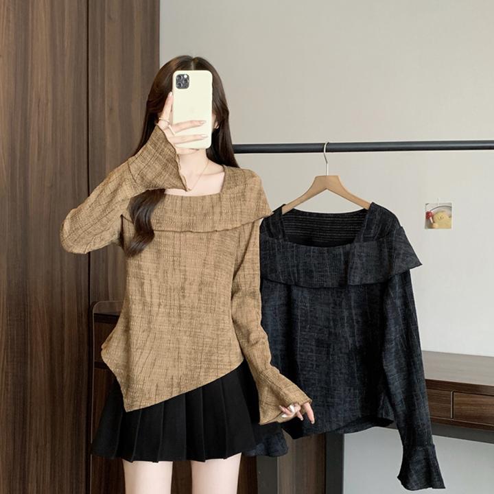 2025秋装新款胖mm大码女时尚肌理感方领不规则喇叭袖上衣