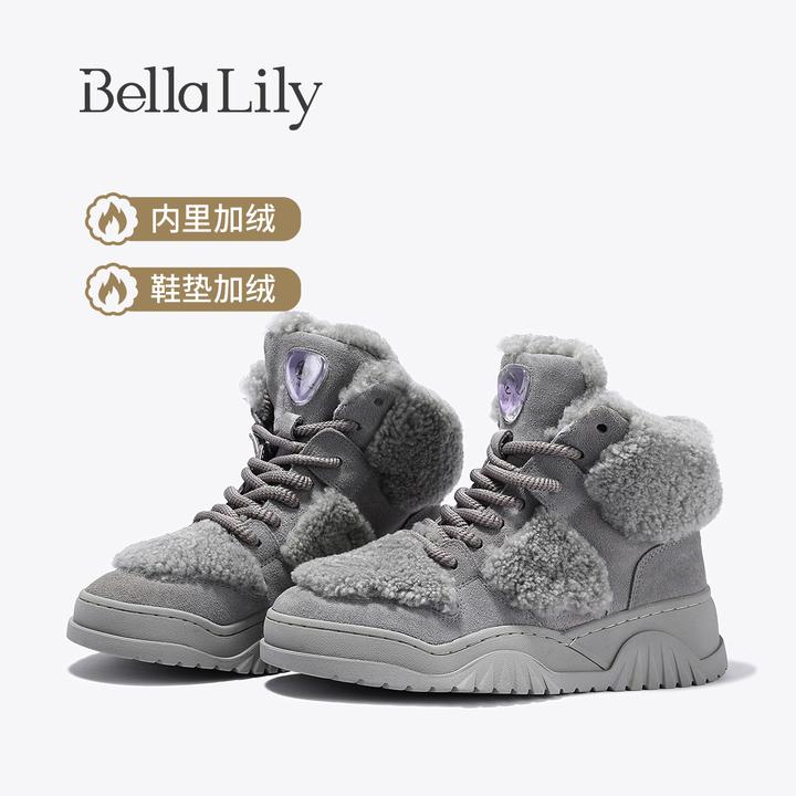 BellaLily2025冬季新款高级感厚底板鞋高帮休闲鞋加绒保暖牛皮鞋