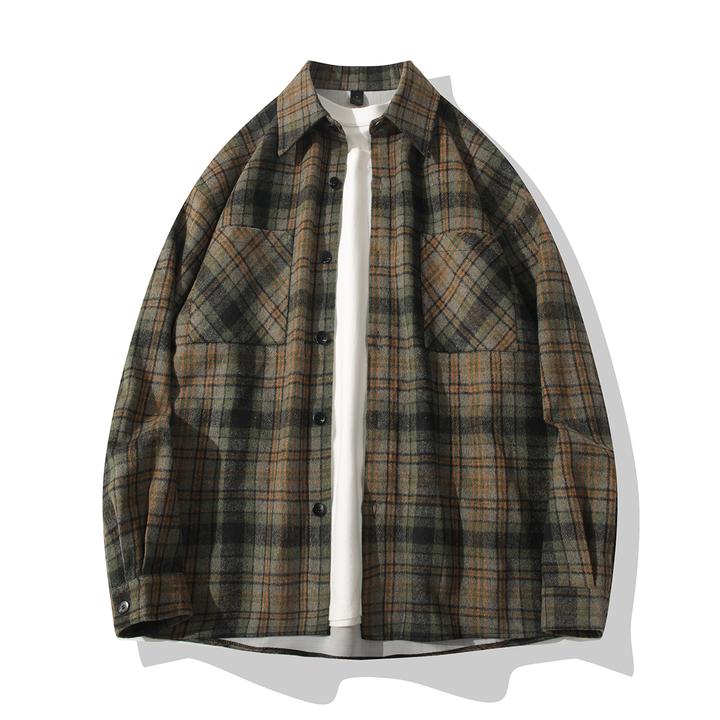 复古拼色格子衬衫毛呢长袖男港风秋冬情侣日系宽松磨毛加厚外套