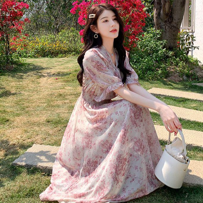 28#夏季甜美荷叶边短袖碎花裙子女神雪纺连衣裙海滩度假