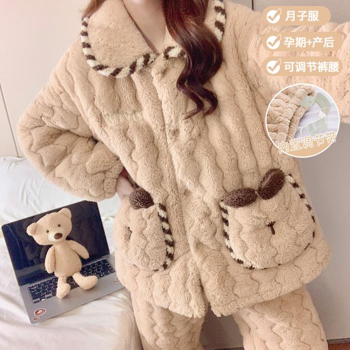 睡衣女款爆款2025新款冬三层夹棉法兰绒加厚加绒珊瑚绒月子服套装