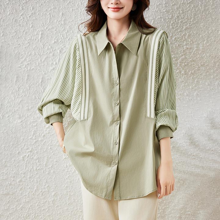 【女神新衣】2025新条纹拼接假两件长袖衬衫女春秋宽松休闲显瘦上衣