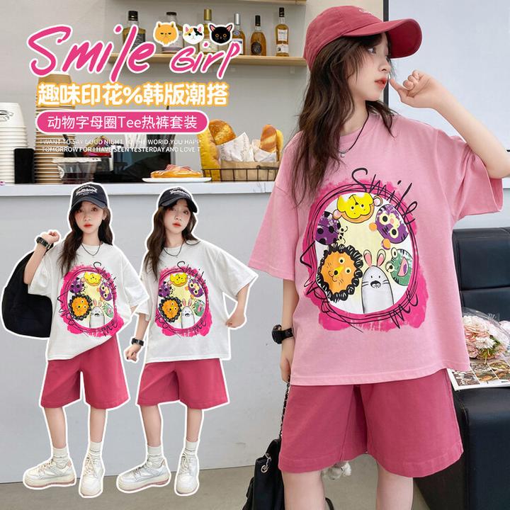女童夏季韩版休闲短袖T恤短裤运动套装中大童洋气时髦儿童夏装潮