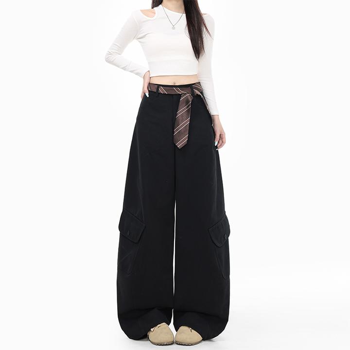 拉夏贝尔黑色工装休闲弯刀裤女秋装慵懒美式松弛感百搭宽松阔腿裤