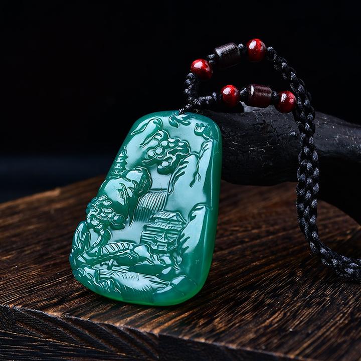 天然绿玛瑙山水牌吊坠绿玉髓山水项链山水玉牌男女款时尚玉石挂件