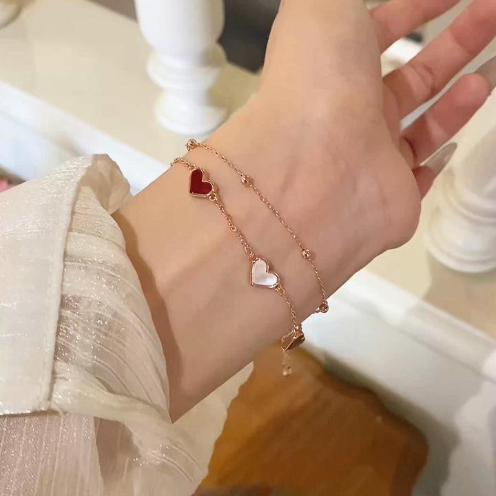 铜合金手链 双层叠戴撞色爱心手链女时尚轻奢小众高级感百搭手饰