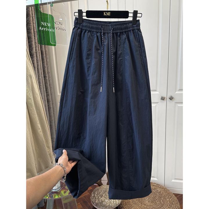 胖妹妹240斤大码薄款抽绳松紧褶皱弯刀阔腿裤女夏显瘦百搭休闲裤