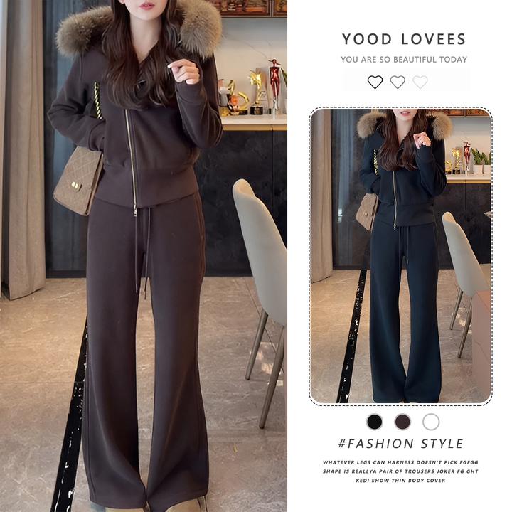 韩系高级气质加绒保暖两件套女冬季新款毛领连帽外套长裤时尚套装