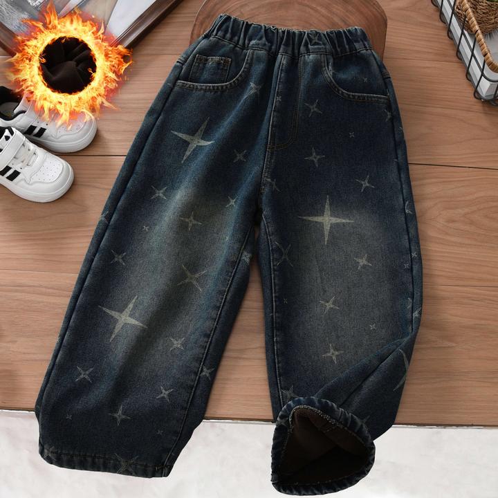男童加绒牛仔裤子冬季2025中大童男孩奥粒绒儿童炸街星星直筒长裤