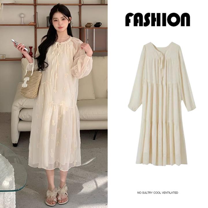 孕妇装2025春季韩系时尚法式赫本风蕾丝刺绣中工系气带宽松连衣裙