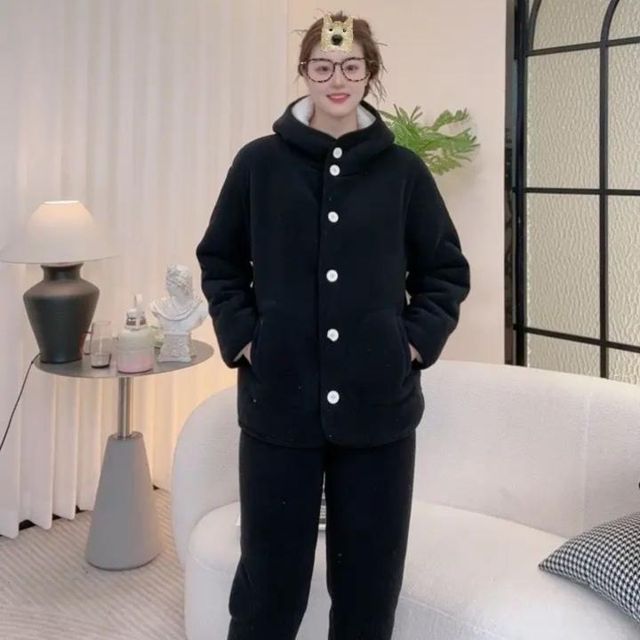 冬季新款韩系连帽海豚绒棉衣棉裤俩件套女三层加厚家居睡衣服套装