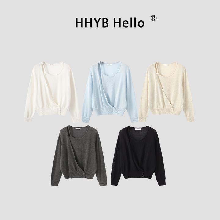 HHYB Hello假两件镂空U领针织衫2025秋解构设计长袖宽松上衣M1392