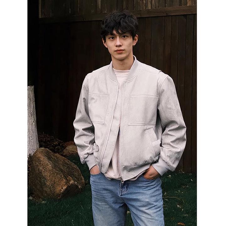 灰色美式复古棒球服外套男春秋季短款显肩宽cleanfit扎染飞行夹克