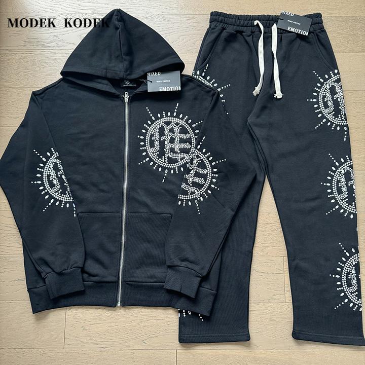 MODEK KODEK高级感潮牌男士烫钻卫衣秋季新款直筒休闲长裤两件套