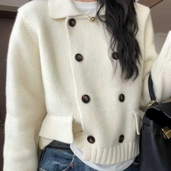 高级感白色毛衣西装外套女秋冬2025新款加厚翻领双排扣针织开衫潮