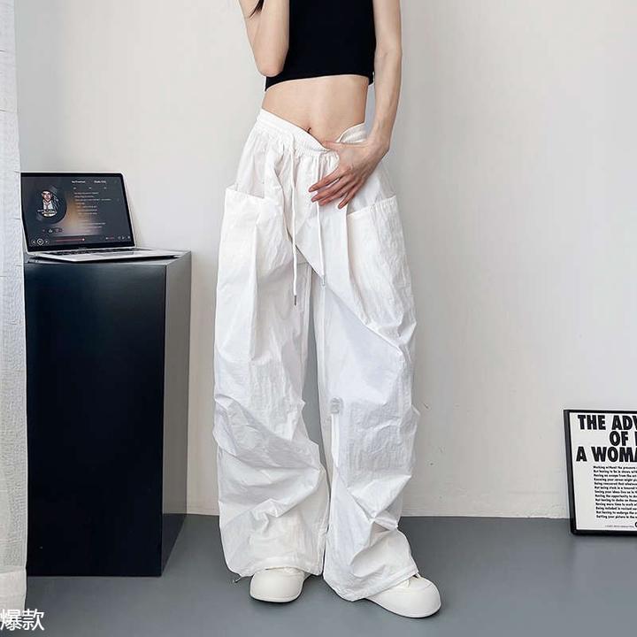 白色工装阔腿裤女夏季大码胖mm宽松显瘦冰丝速干休闲裤运动直筒裤