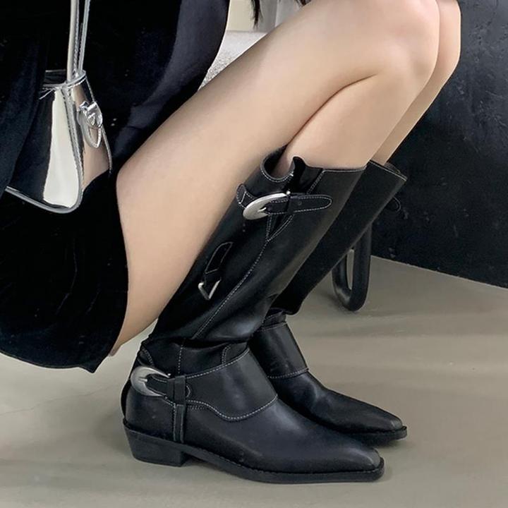 同款百搭鞋子长靴女2025秋冬女靴新款方头长美拉德靴子