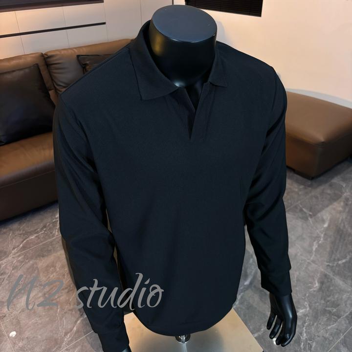 N2美式海鸥领POLO长袖T恤弹力通勤商务针织简约纯色松弛感男上衣