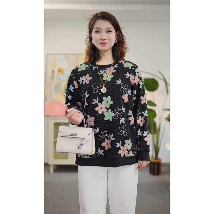 星梦情缘大码女装宽松型常规款圆领女休闲风长袖卫衣显瘦上衣T恤