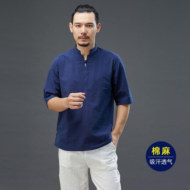 中国风亚麻男装短袖T恤夏季透气吸汗棉麻纯色上衣中式立领半袖衫t