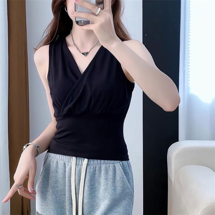 95棉打底衫女春夏款修身V领无袖T恤小衫上衣洋气清冷系禅意衣服女