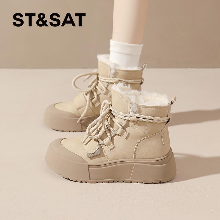 星期六加绒厚底雪地靴女款2025冬季保暖毛毛棉鞋时尚百搭短筒棉靴