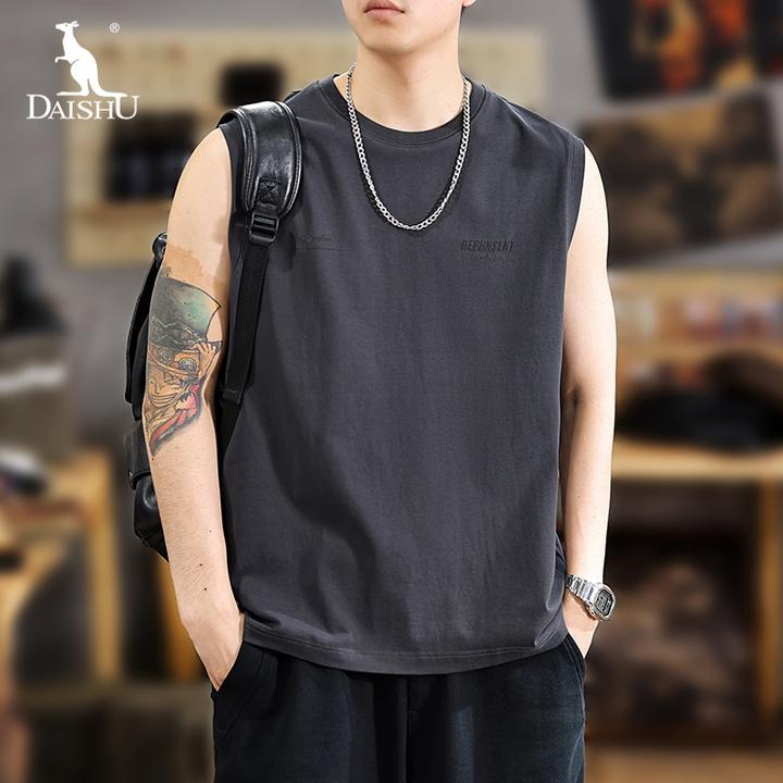Dai Shu/袋鼠重磅纯棉印花背心男士夏季宽松无袖t恤美式运动坎肩