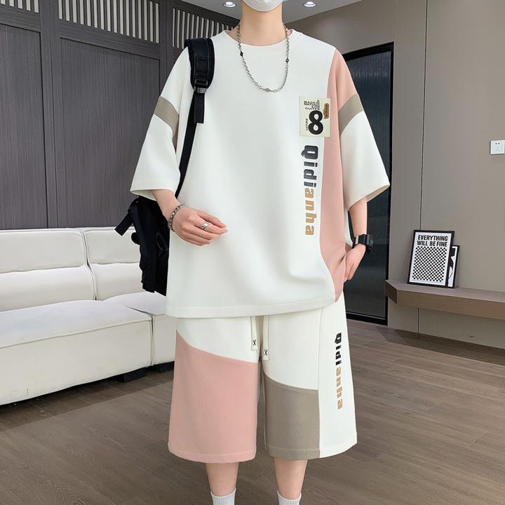 中学生短裤夏季青少年胖子休闲运动套装运动服薄款韩版撞色时尚