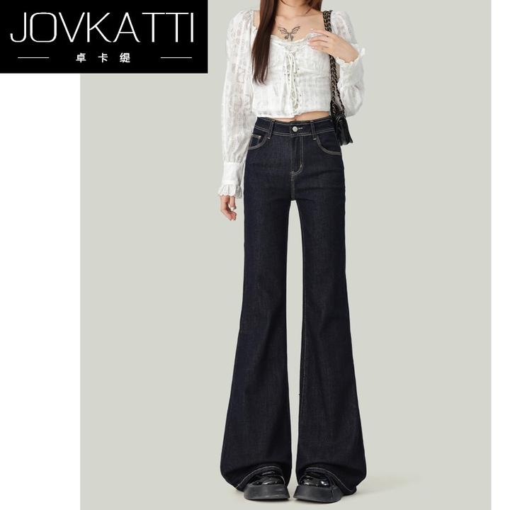 丹宁蓝微喇牛仔裤女2025秋冬修身显高弹力设计感马蹄裤子