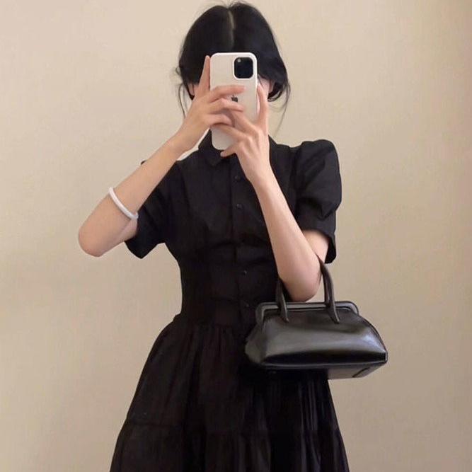 设计感连衣裙女2025夏季新款法式高级感泡泡袖收腰翻领褶皱裙子