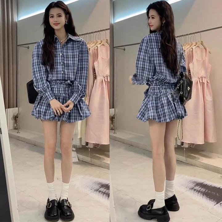 春夏蓝色格子衬衫裤子套装春装女款2025新款流行开春穿搭一整套装