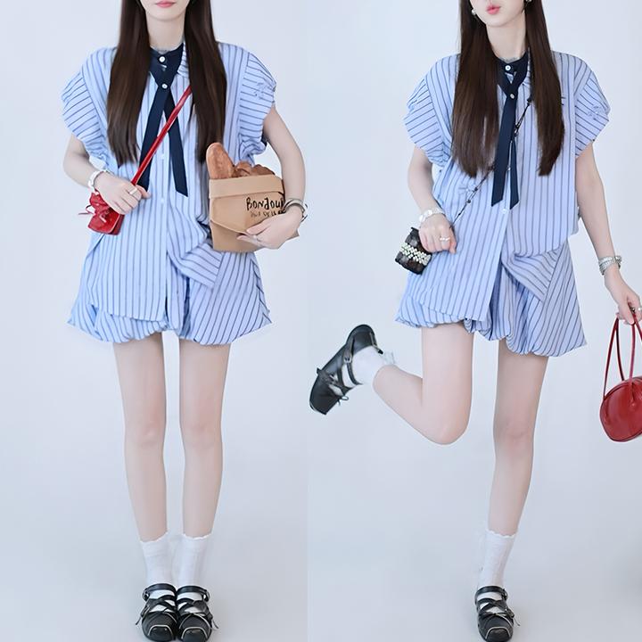可拆领结珍珠蝴蝶结衬衫短裙两件套女士2025年夏季新款显瘦两件套