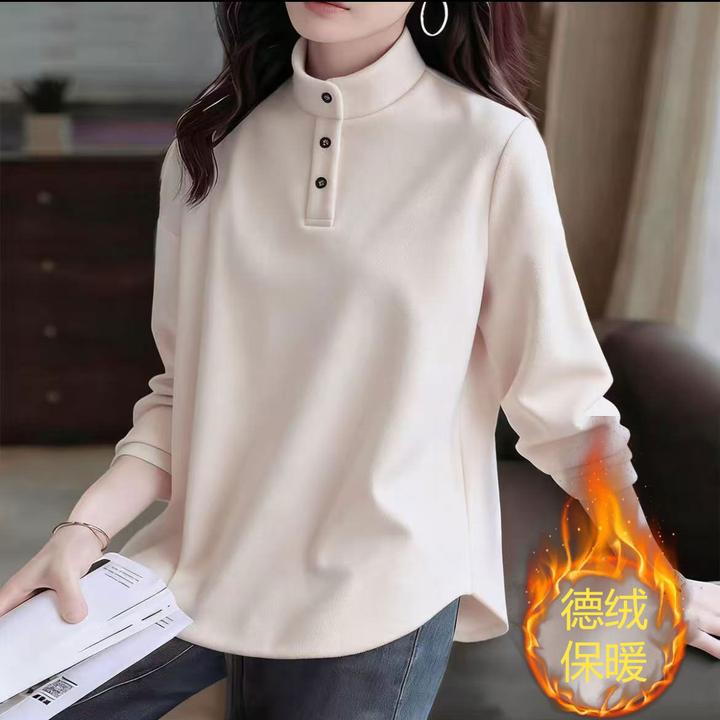 半高领加厚德绒POLO衫秋冬季新款大码胖MM宽松洋气百搭长袖t恤女.