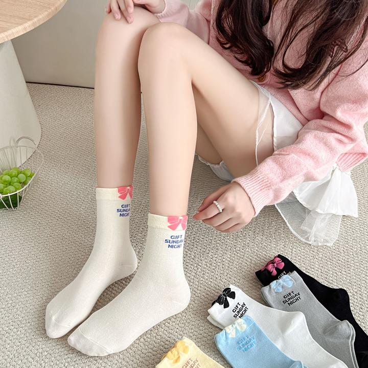 防滑字母女蝴蝶结秋季中筒中筒袜薄款刺绣法式可爱休闲风新款百搭