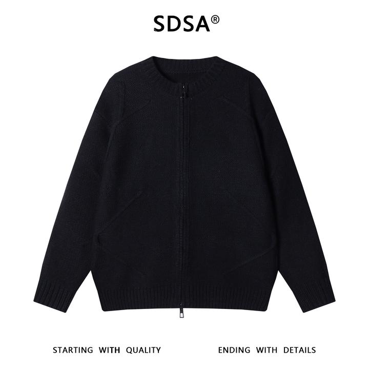 SDSA秋冬新款痞帅男装老钱风解构拉链圆领针织衫百搭慵懒开衫毛衣