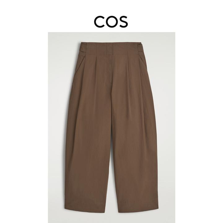COS女装 休闲版型棉质混纺桶形长裤棕色2025夏季新品1283724001