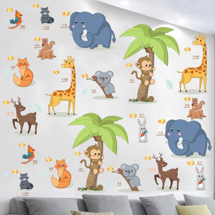 宝宝早教认识儿童启蒙墙贴跨境卡通英文动物幼儿园教室装饰贴自粘