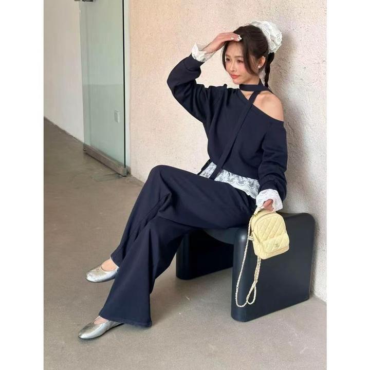2025春季新款露肩长袖拼接蕾丝系带阔腿裤气质三件套女休闲