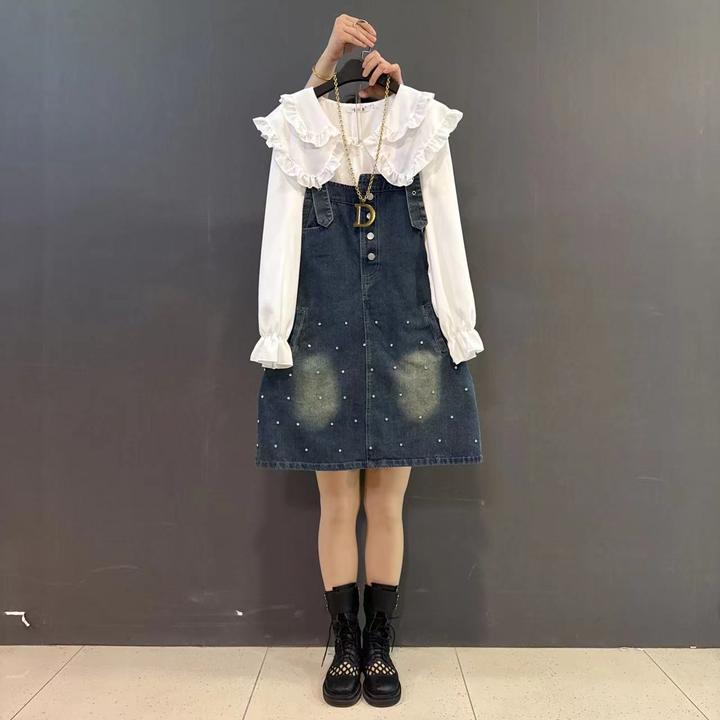 大码欧货新款可爱娃娃领衬衫牛仔背带裙套装