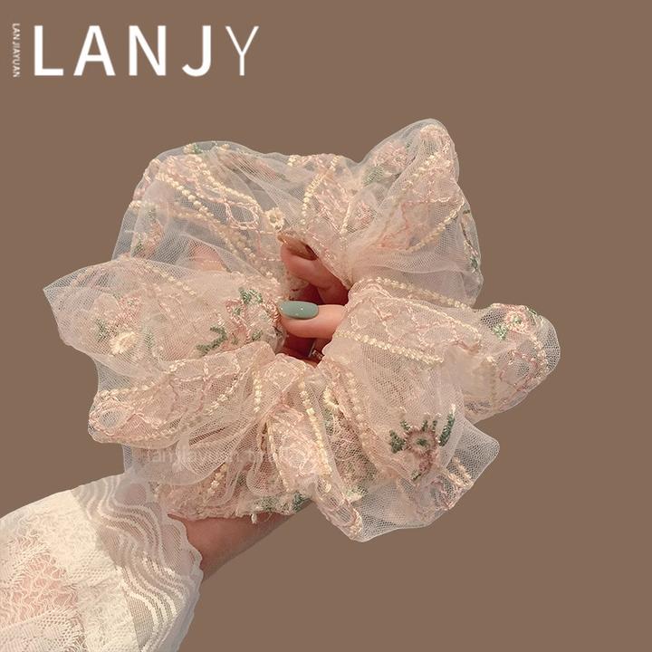 韩国东大门新款大肠发圈粉色温柔蕾丝刺绣扎发头绳发绳高级感发饰