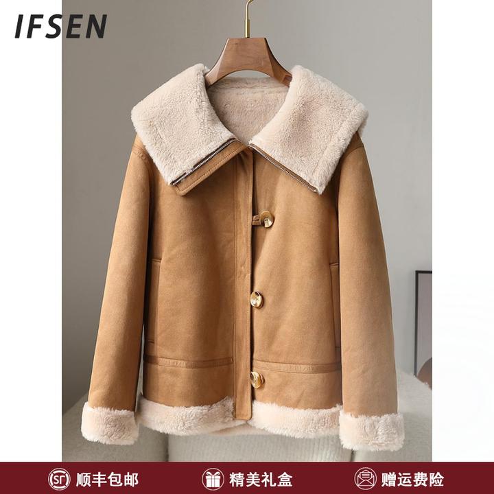 IFSEN海军领短款羊羔毛皮草外套冬新款羊剪绒皮毛一体大衣