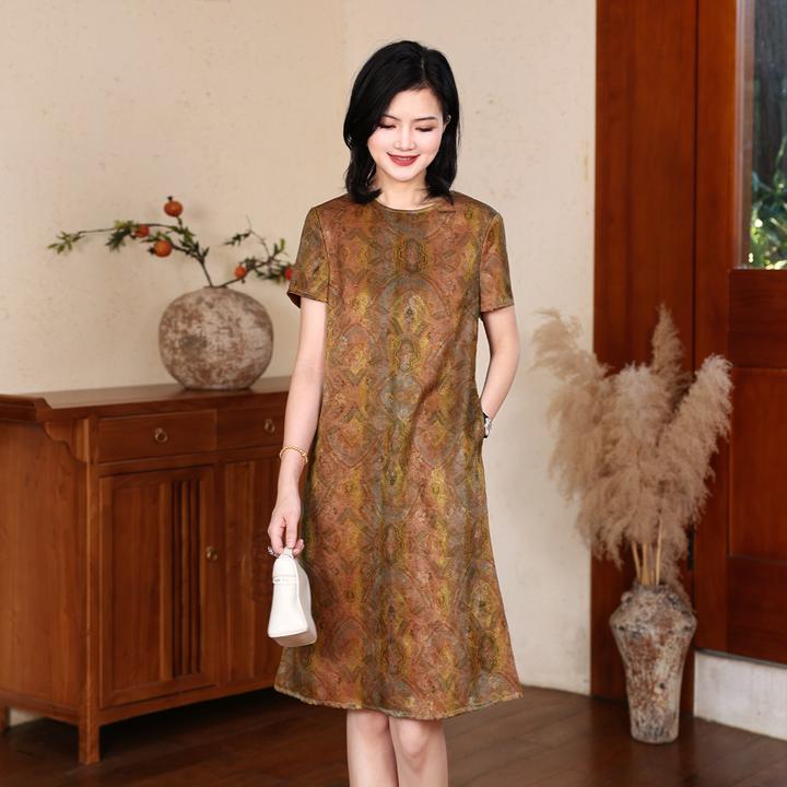 【红云纱四经绞罗】枫竺阿楠anan新中式气质圆领H型真丝中长连衣裙