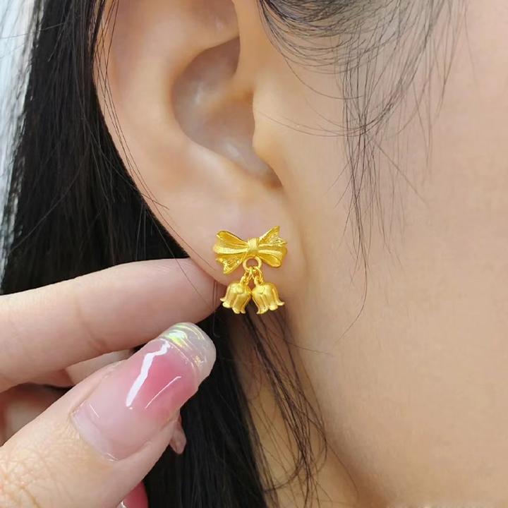 铜合金锆石耳饰 锆石耳饰金色铃兰花蝴蝶结耳钉女小众时尚风个性