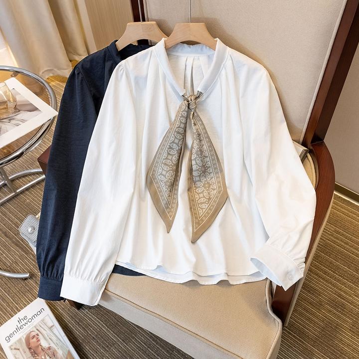 大码女装2025春夏时尚高级感别致文艺复古抽绳丝巾长袖衬衫上衣潮