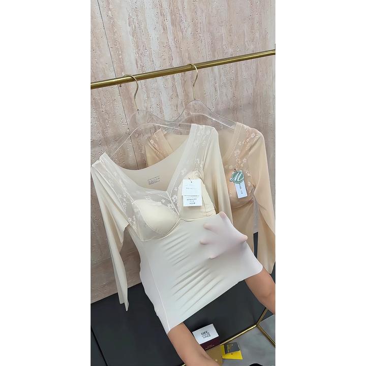 超薄无痕带胸垫肌底衣女士秋季肤色内衣低领修身打底衫长袖上衣