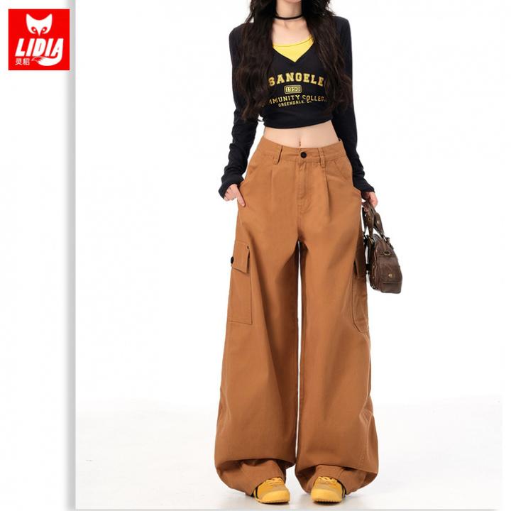 土黄色多口袋工装牛仔裤女早秋新款高腰松弛感阔腿宽松休闲弯刀裤