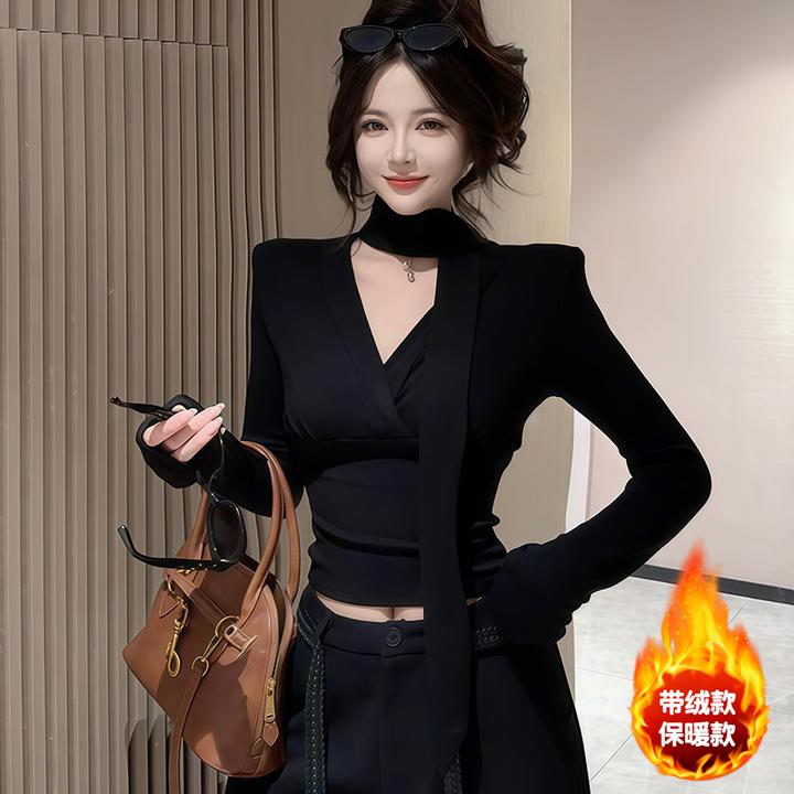 纯欲性感辣妹风V领飘带长袖T恤女秋冬新款保暖修身显瘦打底衫内搭